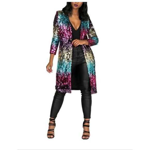 Hancy Sequin Multicolored Open Front Long Cardigan Size Large NWOT - Picture 1 of 7